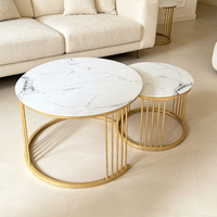 Ensemble de tables basses rondes modernes de luxe léger pour la maison, avec structure métallique durable et plateau en verre trempé effet marbre