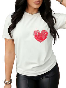 T-shirt casual da donna con stampa di impronte digitali e cuori, girocollo, manica corta, top per San Valentino, in jersey di cotone leggero e traspirante - Product Image 1