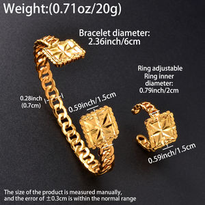 New Women's 18K Gold Plated Cuff <b>Bracelet</b> and Ring Jewelry Set with Geometric Square Pattern Fashionable for Party Occasions - Product Image 5