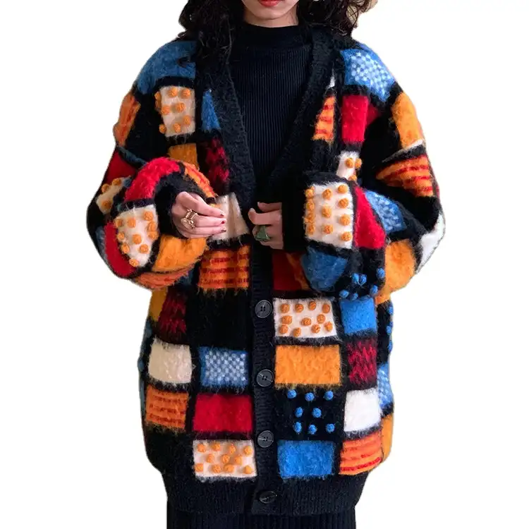 Factory Custom Winter new V neck patchwork color plaid ball sweater women plus size fuzzy mohair knitted cardigan