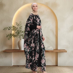 Summer Popular Floral Print Abaya Breathable Lightweight Chiffon Women Modest Classic Black <b>Cardigan</b> 1610# - Product Image 4