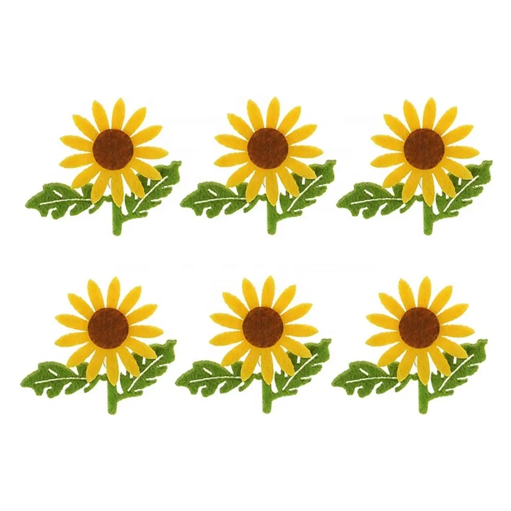 6 Buah Bunga Matahari Terasa Kuning dengan Daun Hijau untuk Kerajinan Jahit DIY Bunga Applique