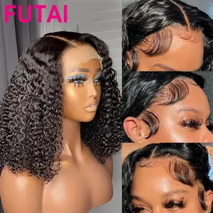 Wig Bob pendek Peruvian rambut manusia renda HD renda Frontal burmase keriting penuh renda Wig rambut manusia untuk WANITA HITAM