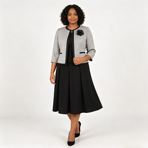 Ensemble élégant deux pièces pour femmes grandes tailles, veste à carreaux avec robe mi-longue à appliques, tenue formelle d'automne - Product Image 4