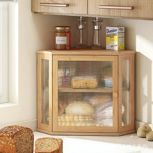 Caja de Pan de Bambú de Doble Capa, Mueble de Almacenamiento Esquinero con Puerta de Vidrio, Organizador de Cocina, Color Madera Natural - Product Image 1