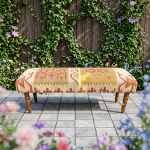 Banc à motif géométrique traditionnel, tissé à la main en laine et jute kilim écologiques, pour entrée, salon ou chambre. - Product Image 6