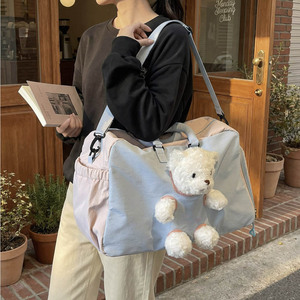 Cute Bear Duffel Bag Pink Color Blocking Water Resistant Travel Student Bag Large Capacity Unisex Leisure Travel Backpack - Product Image 3