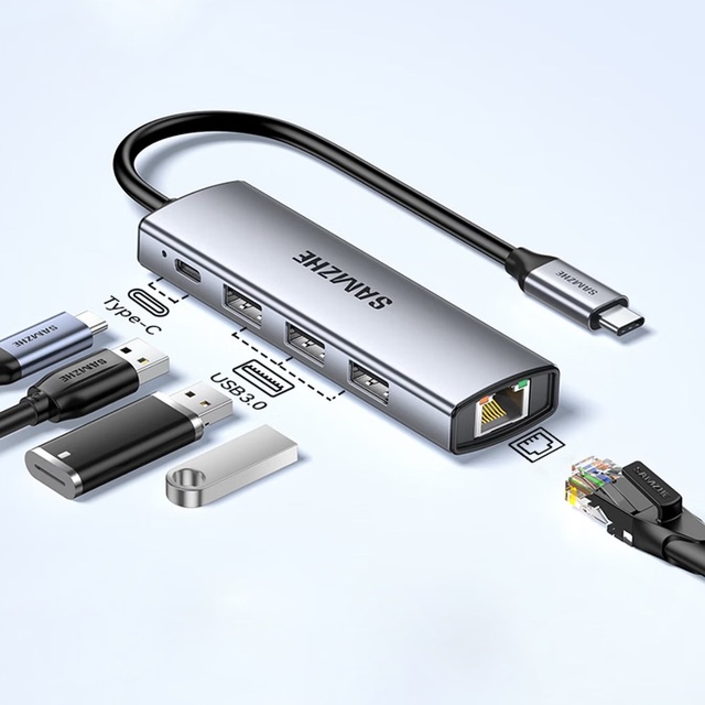 SAMZHE Type-C to 10/100/1000Mbps Ethernet Expansion Dock USB-A 3.0 Dock Thunderbolt 4 RJ45 Splitter Adapter for MacBook Laptop