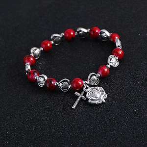 Pulsera de Rosario Hecha a Mano con Cuentas de Piedra Roja de Santa María, Cruz de Rosas, Clásica, Ajustable, Regalo de Joyería - Product Image 1