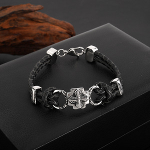 Cross Alloy <b>Leather</b> Woven <b>Bracelet</b> Tibetan Silver Geometric Design Punk Style Fashion Wrap <b>Bracelet</b> - Product Image 1