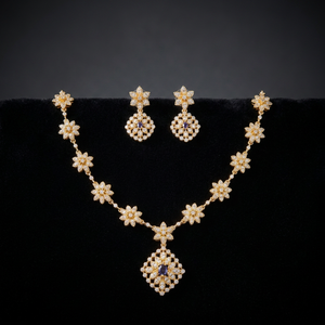 Premium Matt Finish CZ Floral Necklace <b>Set</b> with Earrings, Gold Plated Bridal Wedding Party Wear Artificial Jewellery - Product Image 2