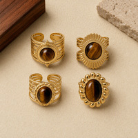 Bague en acier inoxydable avec pierre naturelle ovale, large bande ajourée texturée, perles géométriques, style rétro, bijoux de mode pour femmes, vente en gros