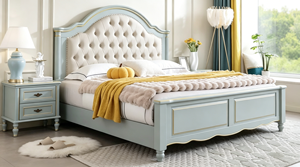 Lit plateforme en bois massif avec finition dorée haut de gamme, tête de lit capitonnée à boutons incurvés pour chambre principale de style farmhouse - Product Image 6