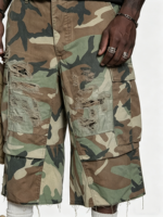 Short cargo en sergé de coton épais pour homme, coupe oversize, délavé et vieilli, style utilitaire tactique camouflage, longueur longue, de la marque HG Manufacturer