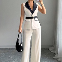 Ensemble décontracté 2 pièces été 2026 pour femme : veste sans manches taille haute et pantalon long en polyester