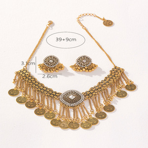 Collier rétro européen et américain en métal avec pampilles, en alliage de zinc, serti pavé, ensemble de bijoux de fête - Product Image 2