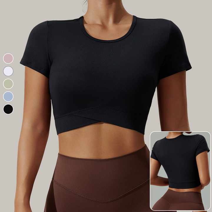 Ready Stock Sexy Breathable Lightweight V-Hem Short Sleeve Yoga Crop Top High Elastic Soft Gym T-Shirt for Women Crop Top Shirt