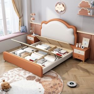 <span class=keywords><strong>Letto</strong></span> <span class=keywords><strong>singolo</strong></span> moderno curvo a onda imbottito per bambini <span class=keywords><strong>con</strong></span> contenitore a sollevamento a gas, in pelle PU, per bambine e bambini - Product Image 1