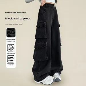 Salopette en jean <span class=keywords><strong>d</strong></span>élavé pour filles, taille élastique, coupe ample, style harem, multi-poches, pour enfants (tailles moyennes et grandes), nouvelle collection printemps-automne - Product Image 1