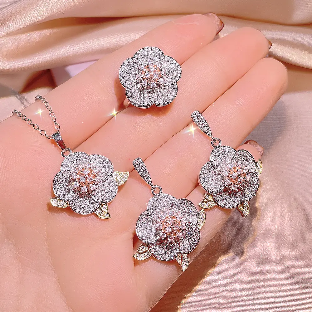 European and American fashion luxury group diamond ring full diamond engagement three-piece set jewelry for women