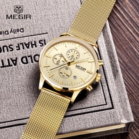 MEGIR jam tangan bisnis pria, arloji kasual Stainless Steel emas 2011G Quartz bercahaya untuk lelaki