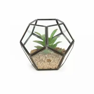 Grosir kaca transparan pot bunga terarium berbentuk geometris dengan Stand besi untuk Bonsai tanaman buatan luar ruangan