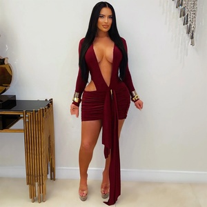 Abito <span class=keywords><strong>Sexy</strong></span> da <span class=keywords><strong>Donna</strong></span> con Scollo Profondo a V, Tinta Unita, Vita Scoperta, Maniche Lunghe, Vestito Corto Aderente alla Moda per Feste in Discoteca - Product Image 5