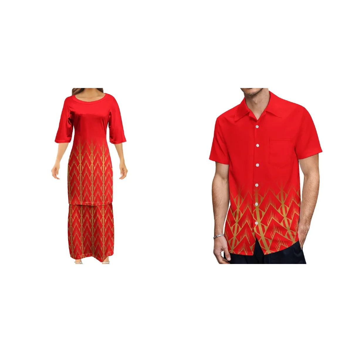 2022 nuovo stile rosso polinesiano tribale samoano Puletasi Set Tatau modello Maxi abito Ptaha due pezzi Set gonna Plus Size camicia da uomo