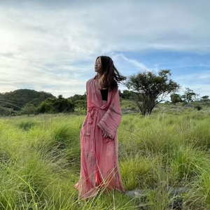 Tie Dye Pink Printed Chiffon Maxi <b>Dress</b> With Belt <b>Loose</b> V-Neck Long Sleeve Boho Style Summer Casual Wear For Women - Product Image 4