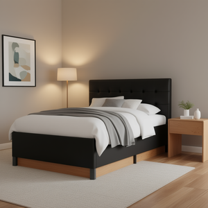 Base de Cama Doble XL Tapizada en Cuero Sintético Negro, Base de Madera Contrachapada de Ingeniería, Diseño Moderno - Product Image 2