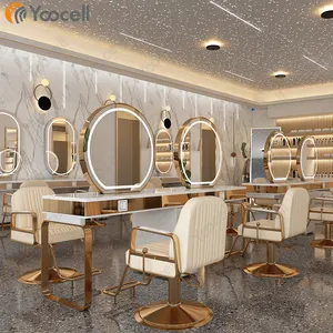 Yoocell high quality barber hair salon gold saloon mirror led double sided salon station with mirror and chair