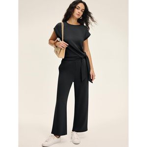 Women 2 Piece Outfits Cap Sleeve <b>Tie</b> Waist Top Wide Leg Pants <b>Set</b> Breathable Knitted Daily Wear Travel Airport Vacation <b>Sets</b> - Product Image 5
