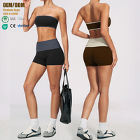 Conjunto de Yoga para Mujer con Marca Personalizada: Top Bandeau, Sujetador Deportivo Color Block y Shorts de Cintura Alta con Control de Abdomen y Efecto Levanta Glúteos para Gimnasio y Entrenamiento