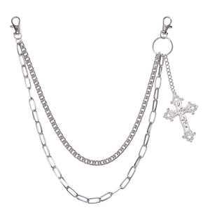 Chaîne de pantalon Yueli avec pendentif croix, chaîne de taille hip-hop double couche en argent tibétain, pour usage quotidien - Product Image 5