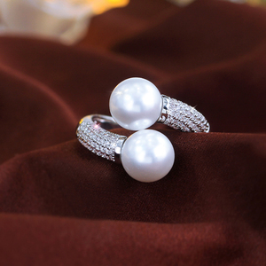 Anelli Regolabili con Doppia Grande Perla e Zirconi Cubici Brillanti per Donne, Gioielli per Feste, Fidanzamento, Anniversario e Matrimonio - Product Image 1