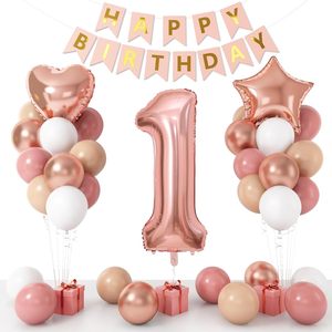 Decorazioni Boho per il Primo Compleanno delle Bambine Palloncini Rosa Antico Oro Rosa Bianco con Numero <span class=keywords><strong>1</strong></span> di 40 Pollici per il Primo Compleanno - Product Image 1