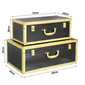 Light Luxury Vintage Gilt Leather Storage Trunk Set Of 2 Black Trunks Set