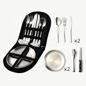 Peralatan piknik luar ruangan, peralatan makan emas kemasan tas portabel dengan sendok garpu pembuka pisau Steak - Product Image 4