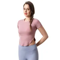 Camiseta acolchada acanalada de secado rápido para mujer, ropa deportiva de gimnasio con cintura ajustada de talla grande, de manga corta y cuello redondo de color puro