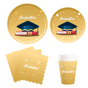 Vajilla Desechable con Temática de Graduación DAMAI, Juego de Vajilla Decorativa Dorada con Vasos, Platos, Servilletas y Pancarta - Product Image 1
