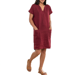 Robe d'été classique en lin pour femme, décontractée et élégante, en lin écologique, coupe trapèze avec poches - Product Image 3