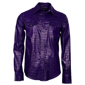 Chemise Western Homme Effet Cuir Violet Manches Courtes Couleur Unie Décontractée Col Rabattu Boutonnée Respirante 220g Style Hiver - Product Image 1