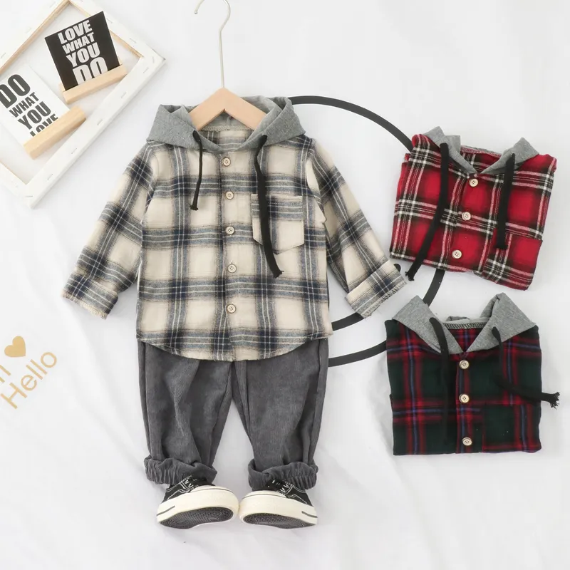 2020 spring Korean fashion boy plaid hooded long-sleeved shirt casual trousers two-piece