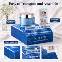 Présentoir de Comptoir Étagéré en Acrylique à Texture Marbre Bleu pour Pot Unique de Soins de la Peau avec Support d'Étiquette d'Information Personnalisée
