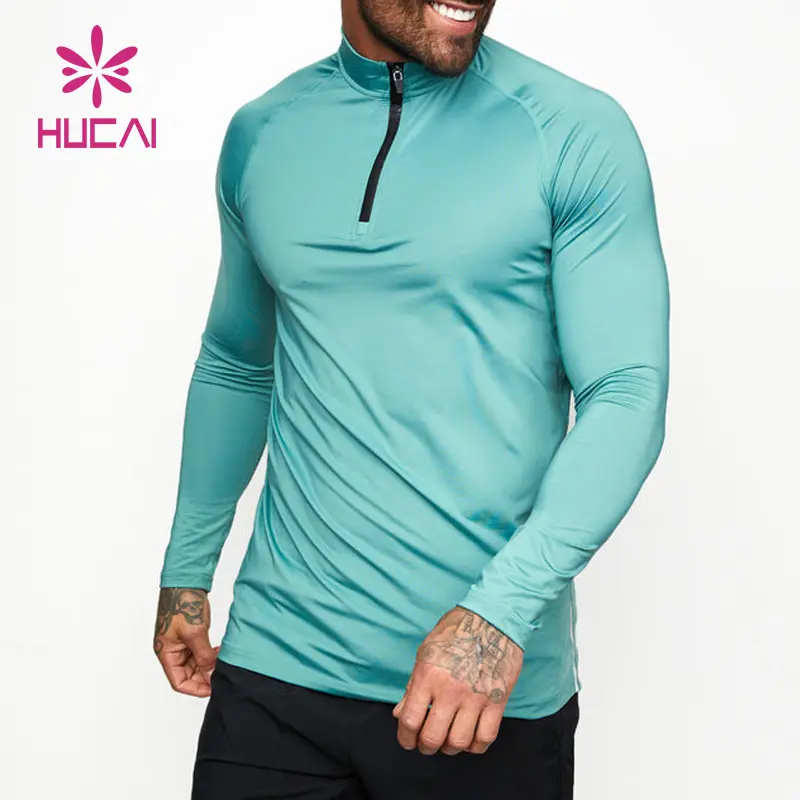 Custom Workout Fitness Bodybuilding half zip Running T-Shirt gym training top compression dry fit long sleeve shirts for men