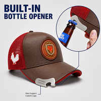 Gorra Trucker con Logotipo Bordado Personalizado OEM, Gorra de Béisbol de 5 Paneles de Cuero PU y Malla, con Abrebotellas Incorporado, Regalo Promocional Publicitario