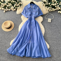 Robe longue décontractée pour femme WIWT, élégante, à col chemise, manches courtes, coupe trapèze, avec empiècements en dentelle ajourée, pour le quotidien