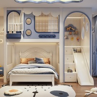 Lit mezzanine multifonctionnel JS moderne en bois massif, confortable et écologique pour enfants, avec bureau, toboggan, rangement gain de place et escalier-armoire