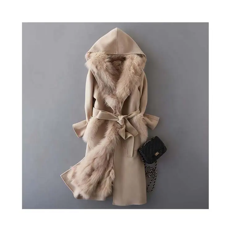 Высококачественная зимняя элегантная подкладка из натурального Лисьего меха, кашемировое пальто, длинный шерстяной Тренч для женщин