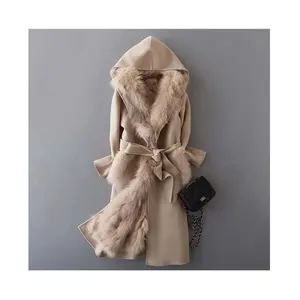 High Quality Winter Elegant Real Fox Fur Lining Cashmere Coats Long Wool Trench Coat Women